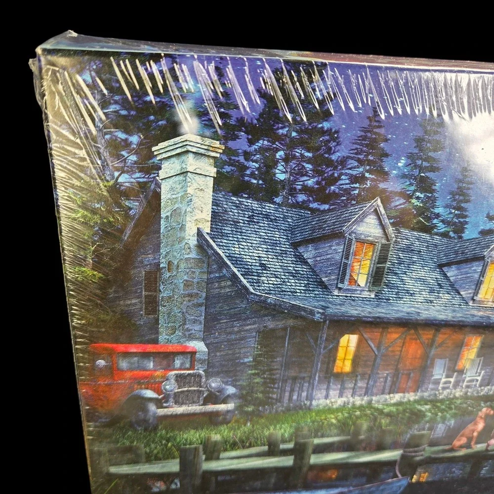 Springbok Moonlit Night 1000 Piece Puzzle 24 x 30 Dogs Cabin Lake Mountains New‎